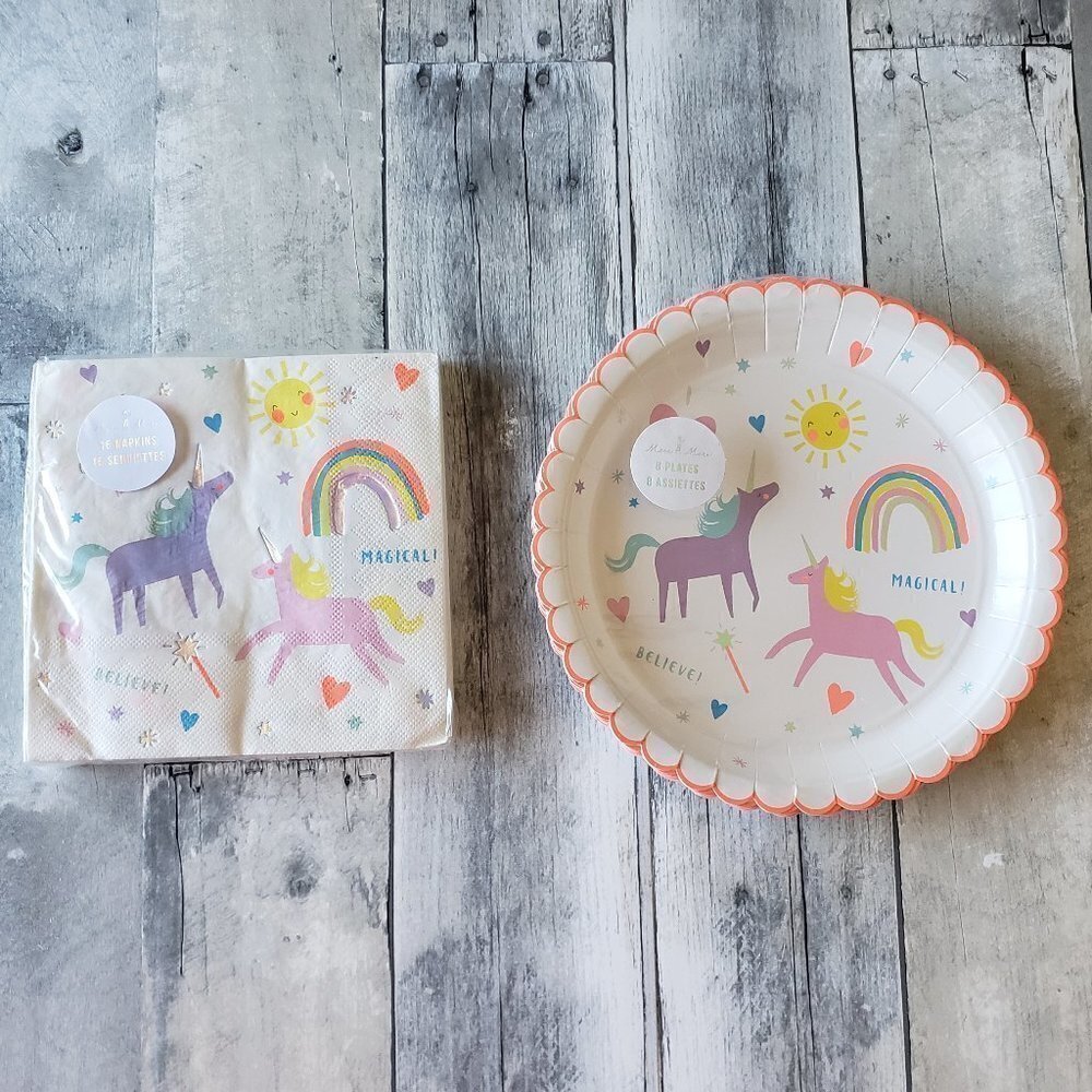 NWT - Meri Meri Large Unicorn Rainbow Paper Plates (8) and Paper Napkins (16)